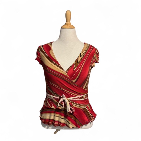 Vintage y2k V Neck Babydoll Blouse Large Red Abstract Print Tie - Picture 1 of 5